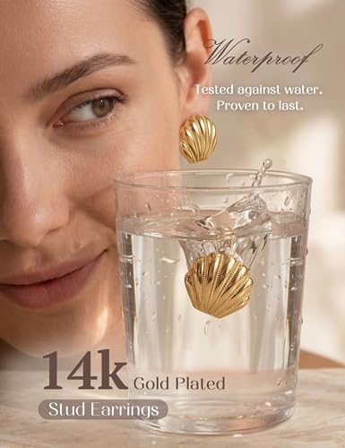 Chunky Gold Stud Earrings for Women Sterling Silver Earring Hypoallergenic | Non Tarnish 14K Gold Plated 925 Silver Posts for Sensitive Ears,Knot Statement Dangle Earrings Gold Jewelry Gifts Lightweight - color: gold plated-shell