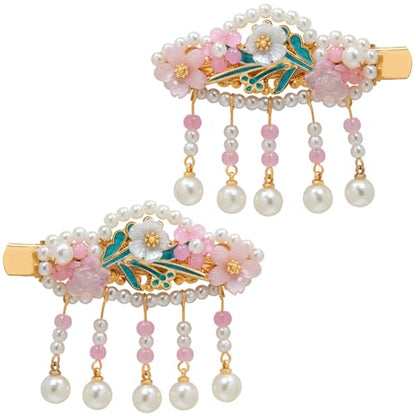 A Pair Wedding Hair Clips, Handmade Floral Design Crystal Hair Clips Pearl Barrettes, Rhinestones Flower Clips Pearl Headpieces Hair Pins Hair Accessories for Women Girls (Pink Flower) - color: Pink Flower
