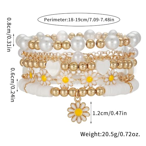4Pcs Daisy Flower Stackable Bracelet Set for Women, White Faux Pearl Heart Beaded Boho Bracelets, Y2K Coquette Jewelry Gift