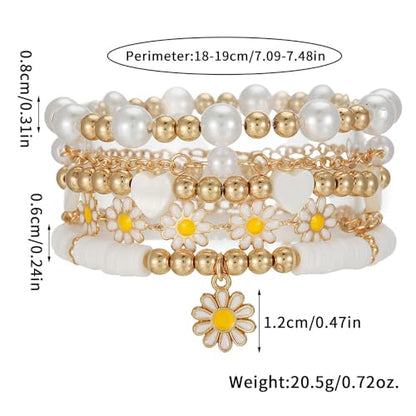 4Pcs Daisy Flower Stackable Bracelet Set for Women, White Faux Pearl Heart Beaded Boho Bracelets, Y2K Coquette Jewelry Gift