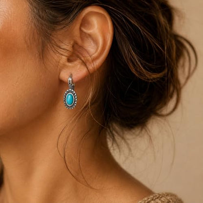 Turquoise Hoop Earrings for Women Vintage Silver Oval Turquoise Earrings Retro Boho Western Jewelry for Everyday Wear Birthday Gift