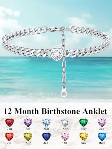 ChainsHouse Cuban Chain Anklets for Women with Heart Birthstone Jan - Dec | Stainless Steel Black Link Chain Ankle Bracelet with Birthstone, Beach Women Anklet 22cm-27cm Adjustable, with Gift Box - color: 04. Apr.-Clear Crystal-Steel
