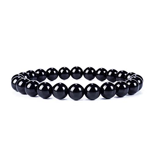 Cherry Tree Collection Tigers Eye Bracelets Plus Over 40 Other Stones – Gemstone Beads for Men & Women, Promotes Protection, Courage, Focus, Balance & Luck – Available in S, M, L with 8mm Round Beads - color: Black Tourmaline, size: Medium
