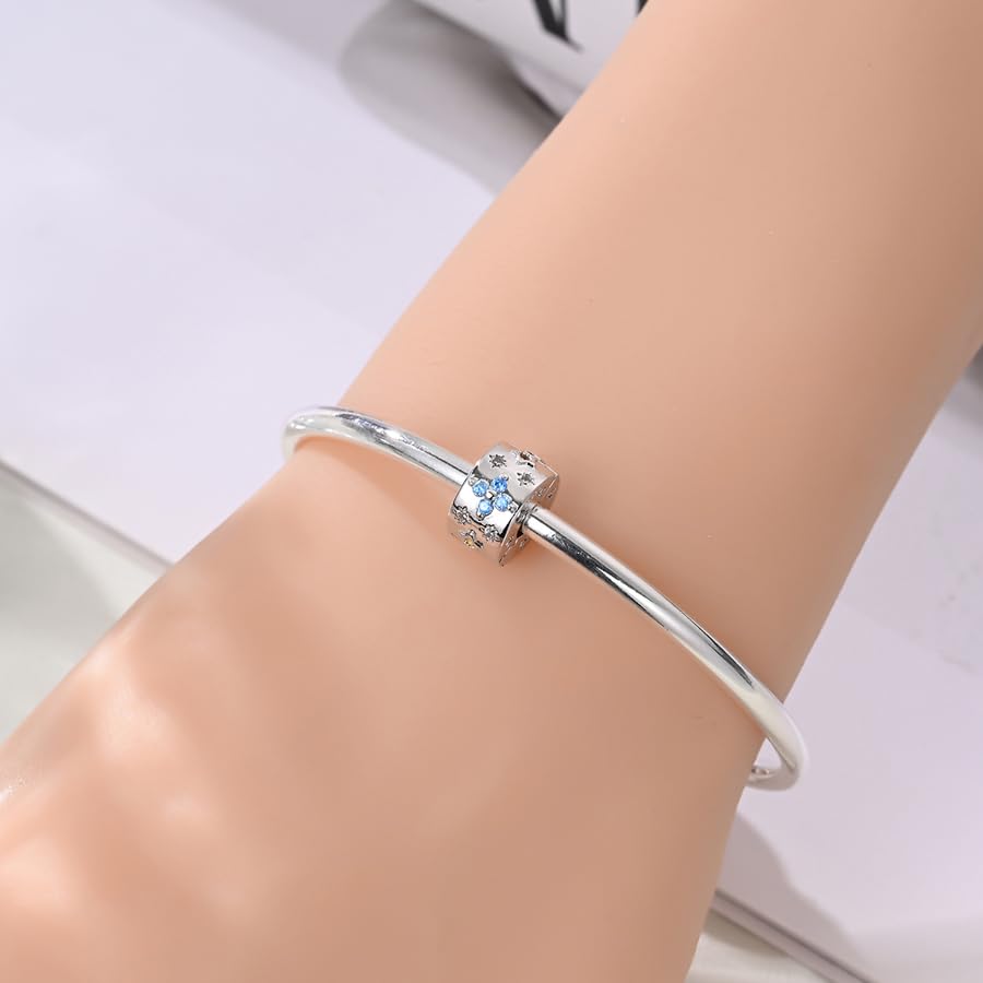 925 Sterling Silver Openable Clip Spacer Bead Fits Pandora Bracelet | Hypoallergenic Clip Stopper Charm, Star Clover Butterfly Floral Mom Heart Paved Zircon Gift for DIY Charm Bracelet Jewelry - color: Celestial Blue Star