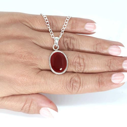 Chunky Natural Gemstone Pendant Necklace For Women Onyx, Turquoise, Amber, Garnet Oval Boho Genuine 925 Sterling Silver Handmade Jewelry - color: Garnet Quartz