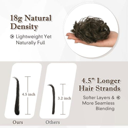 RUWISS 100% Human Hair Bun Small Messy Bun Hair Piece for Women Layered Wavy Hair Buns Updo Hairpiece for Daily Wear Scrunchies Ponytail Extension (Dark Brown with 15% Dark Cocoa Blonde) - color: Dark Brown with 15% Dark Cocoa Blonde