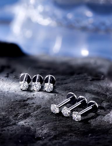 16G ASTM F136 Titanium Surgical Steel Internal Thread Flat Back Studs Earrings Lip Rings Labret Medusa Helix Tragus Cartilage Earring stud Piercing Jewelry for Women Men Silver Black Gold - style: 16g/3mm Clear cz/Titanium 8mm