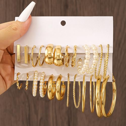 14K Gold Plated Geometric Hoop Earrings for Women Chunky Hypoallergenic Thick Lightweight Jewelry - color: Gold-12 Pairs