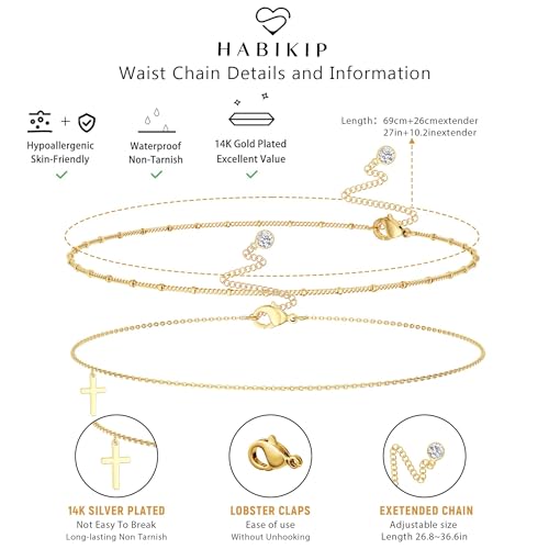 14K Gold Plated Layered Body Waist Chain for Women | Layered Waist Chain with CZ Heart and Pearl Pendant, Belly Chain Belt Jewelry for Women, Bikini Summer Beach Wear - style: Cross Cuban Waist Beads & Chain