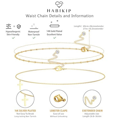 14K Gold Plated Layered Body Waist Chain for Women | Layered Waist Chain with CZ Heart and Pearl Pendant, Belly Chain Belt Jewelry for Women, Bikini Summer Beach Wear - style: Cross Cuban Waist Beads & Chain