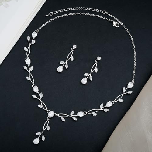 CSY Elegant Bridal Jewelry Sets Clear Cubic Zirconia Wedding Necklace Earrings Bracelet Set for Birdes Bridesmaids CZ Prom Jewelry - color: Silver-Necklace Earrings
