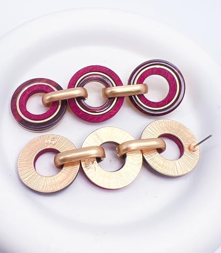 Ozel - Natural Wooden Acrylic Boho Drop Dangle Earrings for Women - Geometric Statement Jewellery - Brown, Black, Magent Red, Olive Green, White beige - color: 3Circle_Magenta