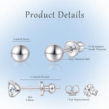 Limerencia Hypoallergenic G23 Pure F136 Implant Grade Titanium Earrings | 20G Flat Back Studs with CZ, Available in Round, Princess-Cut, Square & Ball, Earrings for Women and Men with Sensitive Ears - style: 5mm Round Ball