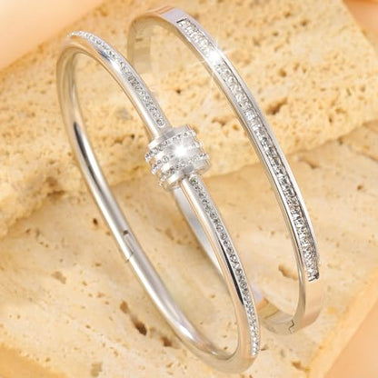 Camhanno Gold Bangles for Women - Stainless Steel Love & Friendship Bracelet Set with Gift Box | Daily Wear & Party Jewelry - color: 2pcs Silver Set Style 2