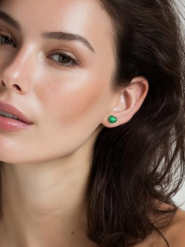 FindChic 2 Carat Birthstone Stud Earrings for Women, Round/Heart/Princess Cut Stud Earrings, Hypoallergenic Studs with 925 Sterling Silver Posts, 12 Months Birthday Jewelry Gift - color: 05. May-Emerald(Heart Cut)