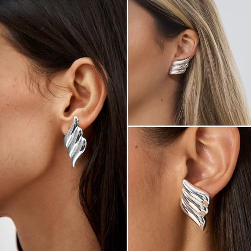 Geometric Rectangle Gold Plated Stud Earrings Irregular Hammered Chunky Statement Square Earrings for Women Trendy - color: Silver Wings