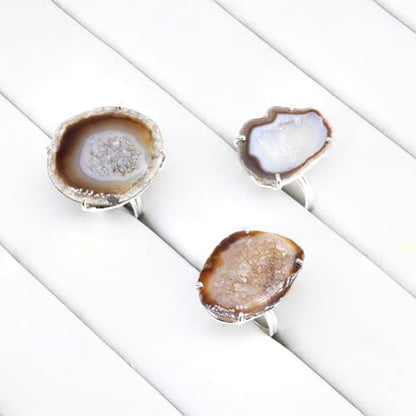 Geode Ring Set with Agate and Quartz Crystals,Stone Sizes 25-30mm - color: Brown, style: 1