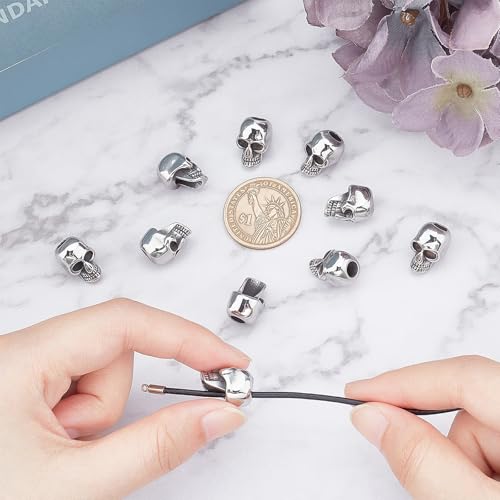 Elecrelive 10Pcs Halloween Skull Beads Skeleton Skull Head Stainless Steel Large Hole Beads for Gothic Necklace Bracelets Earrings Jewelry Making - color: Matte Silver