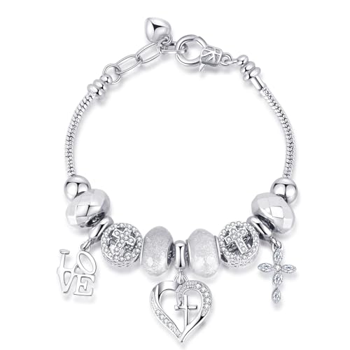 Charm Bracelet for Women, with Crystal and Heart Shape Glass Beads Sliver CZ Cross Snake Chain Bracelet, Trendy Charm Bracelet Jewelry Valentine's Day Gifts for Women