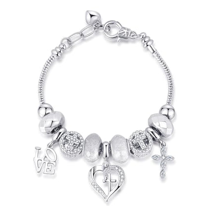 Charm Bracelet for Women, with Crystal and Heart Shape Glass Beads Sliver CZ Cross Snake Chain Bracelet, Trendy Charm Bracelet Jewelry Valentine's Day Gifts for Women