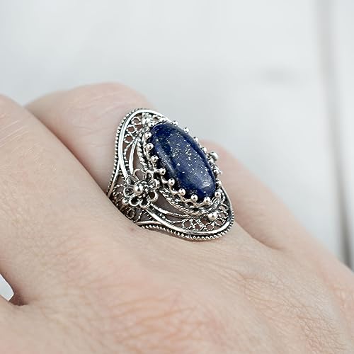 Filigranist 925 Sterling Silver Handcrafted Filigree Art Flower Pattern Woman Oval Statement Ring, Gift Boxed - color: Lapis Lazuli