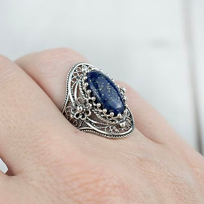 Filigranist 925 Sterling Silver Handcrafted Filigree Art Flower Pattern Woman Oval Statement Ring, Gift Boxed - color: Lapis Lazuli