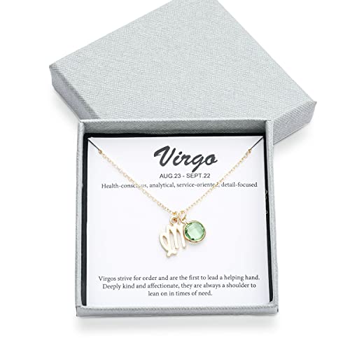 14k Gold Plated Zodiac Birthstone Crystal Pendant Necklace, Horoscope Sign Charm Necklace for Women Birthday Gift - color: Virgo-Aug.