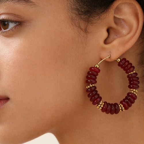 Wellike Beaded Hoop Earrings for Women Natural Stone Pink Gold Huggie Earrings Hypoallergenic Dainty Waterproof Trendy Jewelry - color: Burgundy, size: 35mm