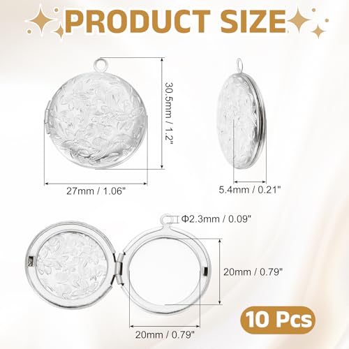 MECCANIXITY Custom Photo Locket Charm, Copper Retro Picture Locket Pendants for DIY Memorial KeyChains Necklace Bracelet Jewelry Making - color: Silver, style: Round Engraved Flower