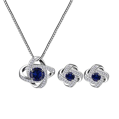 AMYJANE Bridal Jewelry Set for Women - Crystal Cubic Zirconia Love Knot Necklace Stud Earrings Elegant CZ Jewelry Set for Wedding Bride Bridesmaids Gift Set - color: Blue Sapphire(14k White Gold Plated)
