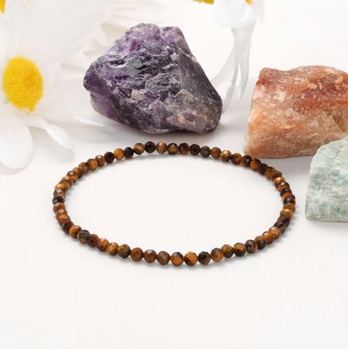 Healing Crystal Bracelet Clear Quartz Faceted Beaded Bracelets for Women Men 3mm Natural Stone Adjustable Handmade Stretch Bracelet Reiki Spiritual Jewelry Fashion Gifts - color: Tiger's Eye