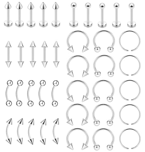 40Pcs Surgical Steel Lip Rings Labret Monroe Barbell Daith Tragus Helix Piercing Septum Nose Ring Eyebrow Body Jewelry for Women Men - color: Silver
