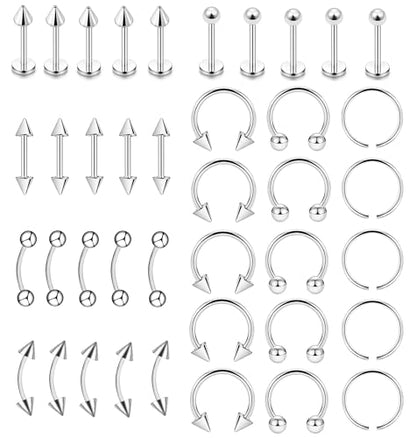 40Pcs Surgical Steel Lip Rings Labret Monroe Barbell Daith Tragus Helix Piercing Septum Nose Ring Eyebrow Body Jewelry for Women Men - color: Silver