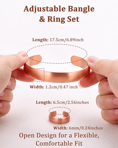 BioMag Pure Copper Bracelet & Ring for Women Men, 99.99% Solid Handmade Copper Cuff Bangle, Adjustable Jewelry Gift with Gift Box - color: Rose Gold (Shine)