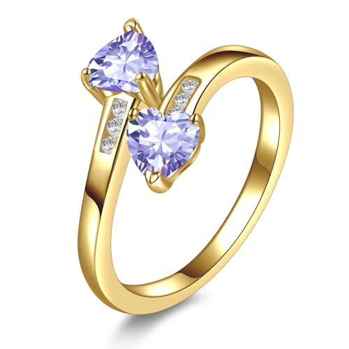 Yaresul 1CT Adjustable Women Heart Ring 14K Gold Plated Birthstone Rings for Women Promise Ring for her Simulated Gemstone Statement Stackable Band Width 2mm Open Size 5~9 - color: F-June-Created Purple Jade