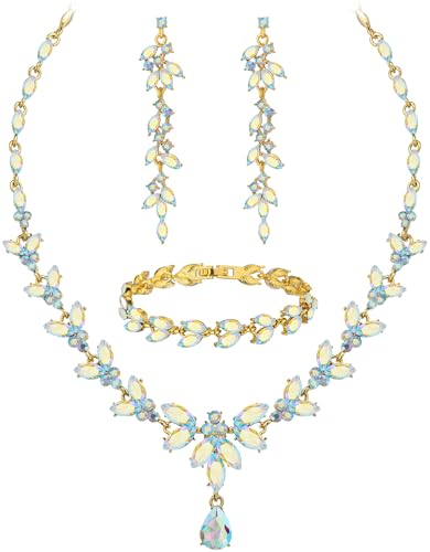Paxuan Wedding Jewelry Sets for Bride Bridesmaid Bridal Jewelry Set for Women Wedding Crystal Necklace Earrings Bracelet Set for Party Prom Jewelry - color: AB - 14K Gold