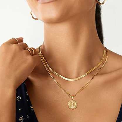 KissYan Initial Necklaces for Women, 14K Gold Plated Round Letter Pendant Capital Monogram Necklace Alphabets from A-Z Figaro Chain Jewelry - color: Gold, style: G