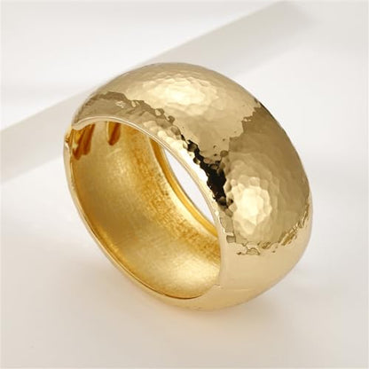 Hammered Wide Chunky Bangle Bracelets for Women Dainty Minimalist Cuff Wrist Open Bangles Statement Unique Exaggerate Trendy Jewelry Gift - color: Gold-tone