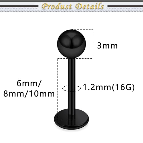 Internally Threaded Labret Studs 18G 16G 14G Surgical Steel Lip Piercing Jewelry with Claw Tool Monroe Snake Bite Jewelry Flat Back Barbell for Women Men Plus Piercing Ball Grabber Tool - color: black, size: 16g,ball+spike end