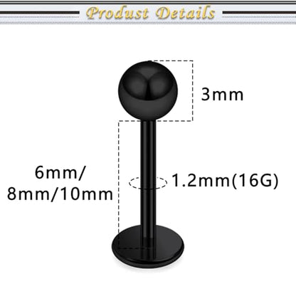 Internally Threaded Labret Studs 18G 16G 14G Surgical Steel Lip Piercing Jewelry with Claw Tool Monroe Snake Bite Jewelry Flat Back Barbell for Women Men Plus Piercing Ball Grabber Tool - color: black, size: 16g,ball+spike end