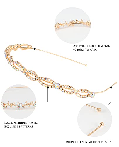 Wecoe 4 Pack AB Rhinestone Headbands Gold Metal Headbands Flower Girl Bridal Wedding Headband Crystal Headpieces Flower Leaf Butterfly Headband Formal Hair Accessories For Women Girls Gifts - color: Gold band & AB rhinestones