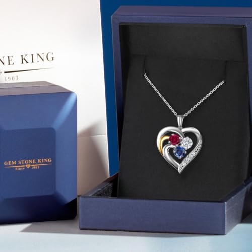 Gem Stone King Customized Engraved 3-Stone Pendant Necklace For Women | 925 Sterling Silver & 10K Yellow Gold | Personalized Gemstone Birthstone and Lab Grown Diamond Necklace | 18 Inch Chain