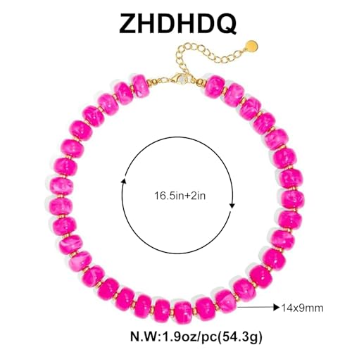 Chunky Beaded Necklace for Women, Colorful Boho Statement Necklace, Gold Chunky Resin Large Bead Necklace, Waterproof Summer Beach Jewelry Gifts for Women - color: Magenta