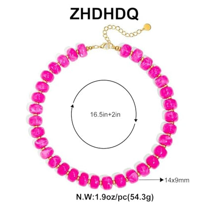 Chunky Beaded Necklace for Women, Colorful Boho Statement Necklace, Gold Chunky Resin Large Bead Necklace, Waterproof Summer Beach Jewelry Gifts for Women - color: Magenta