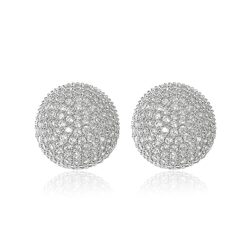 18K Gold Plated Chunky Square & Round Cubic Zirconia Stud Earrings for Women, Hypoallergenic 925 Silver Post Simulated Diamond Wedding Prom Party Bridesmaid Daily Fine Jewelry Gift for Mom Wife Friend - color: EA355-Round-Silver