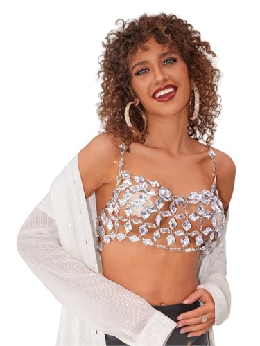 Rhinestones Body Chain Suit Silver Crystal Bikini Bra Underwear Sexy Sparkly Party Body Jewelry Accessories for Women - color: Silver