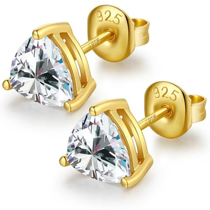 Brilliant Heart-cut/Oval-cut/Trillion-cut/Cushion-cut/Emerald-cut/Marquise-cut Stud, 925 Sterling Silver Cubic Zirconia Stud Earrings for Women Men - style: L-Triangle cut-Yellow