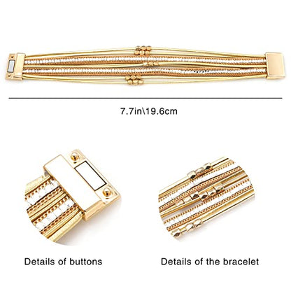 Multi-layer Leather Bracelets Multi-strand Wrap Bracelets Handmade Braided Rope Cuff Bangle with Magnetic Buckle Jewelry - color: Crystal Gold