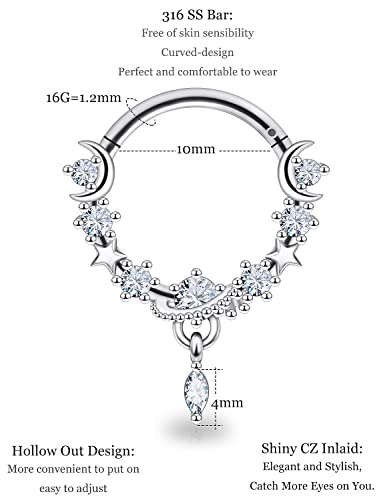 16G Dangle Elegant Septum Rings Hoop 10mm Surgical Steel Hinged Segment Septum Nose Ring Seamless Clicker Ring Cartilage Earrings Hoop Helix Tragus Piercing Jewerly - color: 16G-Dia:10mm-Silver Tone