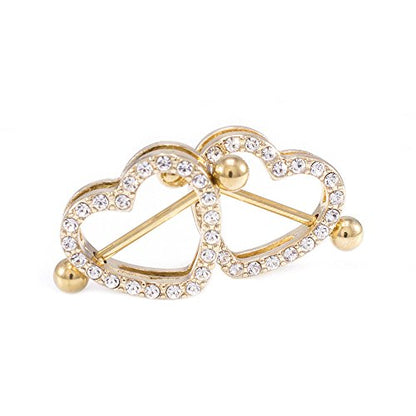 14G Stainless Steel CZ Paved Heart Nipple Rings Nipple Piercing Jewelry for Women 7/8 Inch 22mm - color: Gold IP - Clear CZ